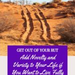 Tire tracks in the dust overlaid with the words "get out of your rut. Add Novelty and Variety to Your Life if You Want to Live Fully"